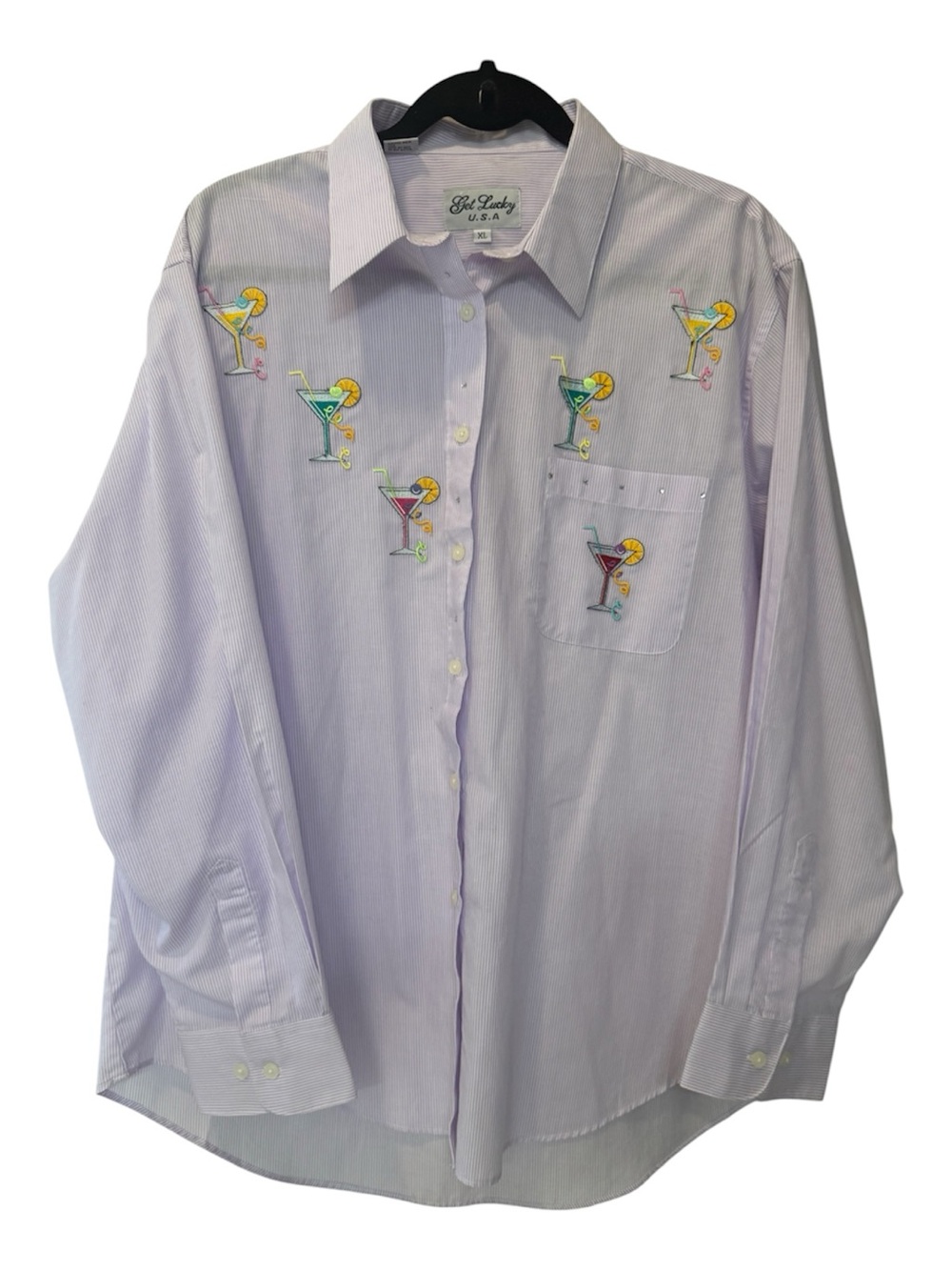 Vtg Get Lucky USA Cocktail Embroidered Rhinestone Kitschy Party Striped Shirt XL